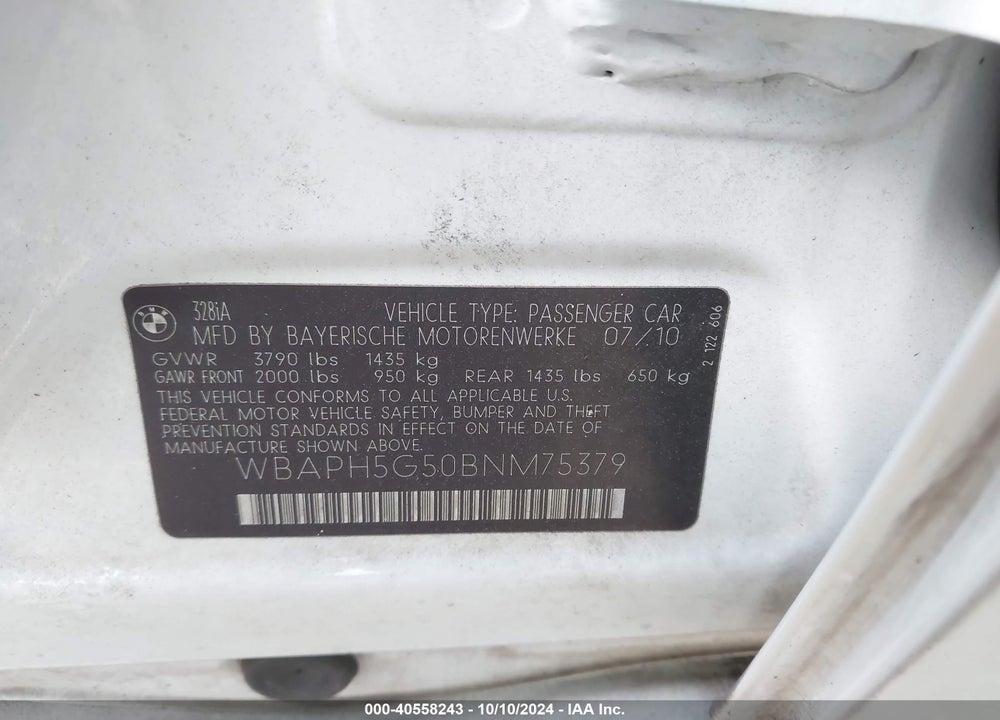 2011 BMW 328I VIN: WBAPH5G50BNM75379