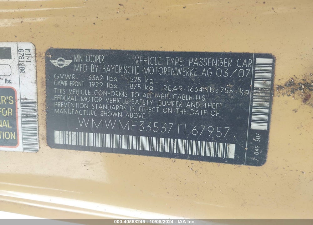 2007 MINI COOPER VIN: WMWMF33537TL67957