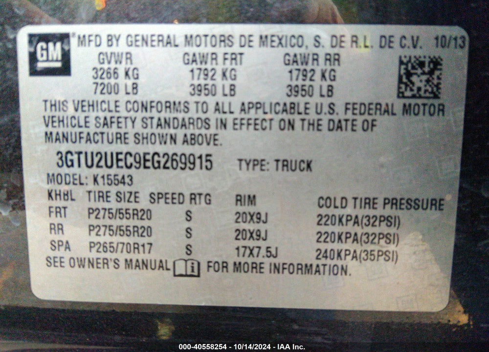 2014 GMC SIERRA 1500 VIN: 3GTU2UEC9EG269915