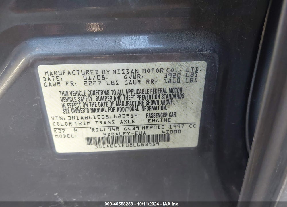 2008 NISSAN SENTRA 2.0S VIN: 3N1AB61E08L683959