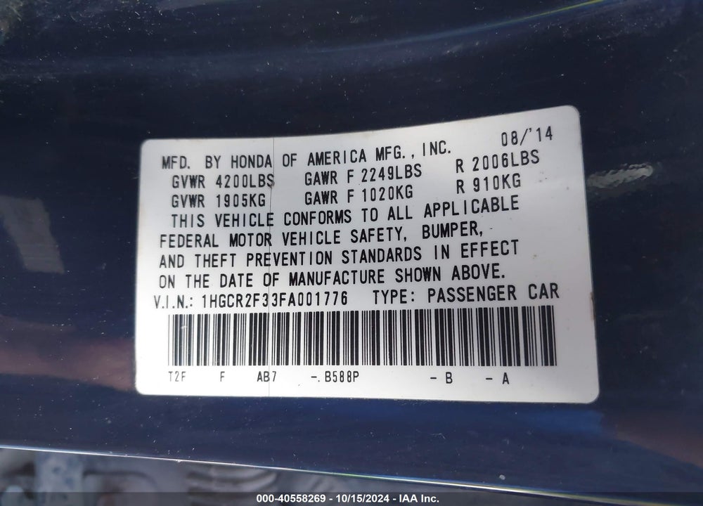 2015 HONDA ACCORD LX VIN: 1HGCR2F33FA001776