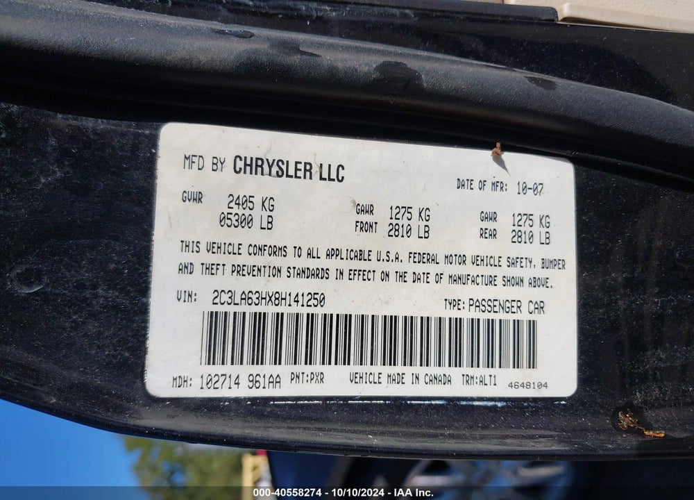 2008 CHRYSLER 300C HEMI VIN: 2C3LA63HX8H141250