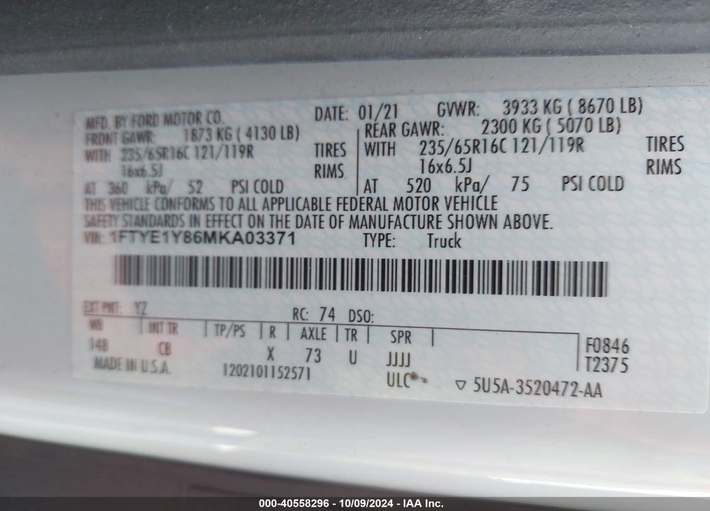 2021 FORD TRANSIT-150 CARGO VAN VIN: 1FTYE1Y86MKA03371