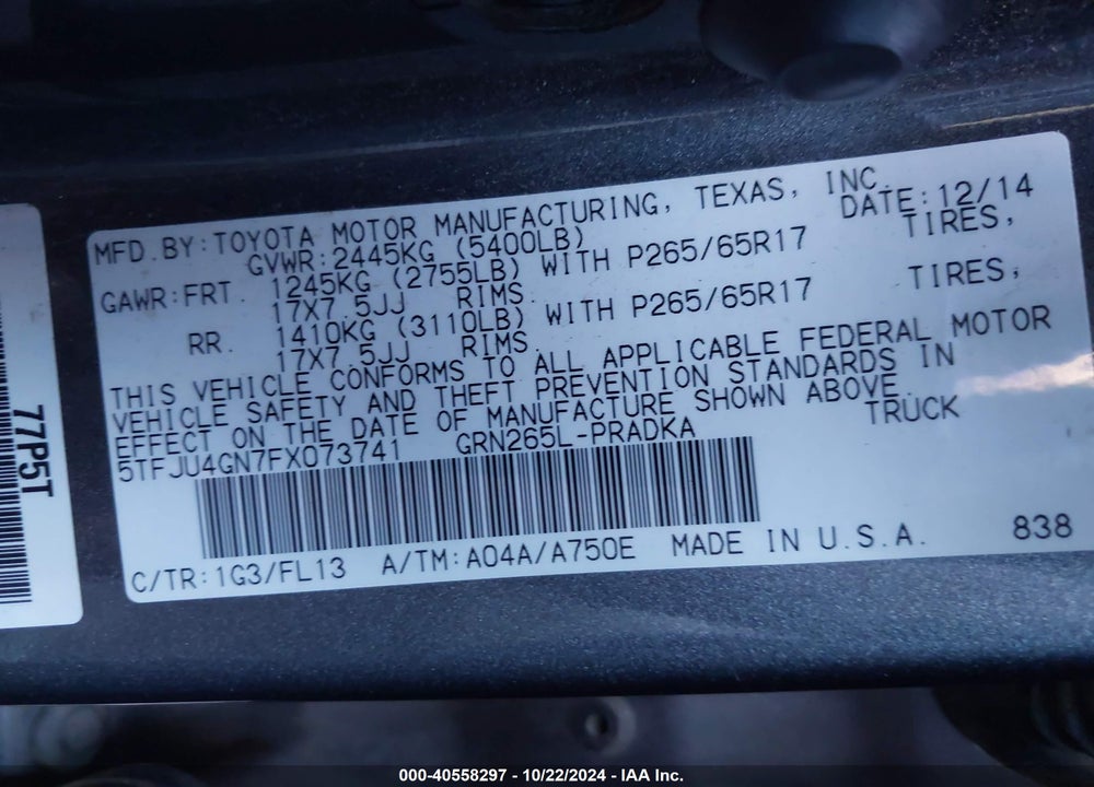 2015 TOYOTA TACOMA PRERUNNER V6 VIN: 5TFJU4GN7FX073741
