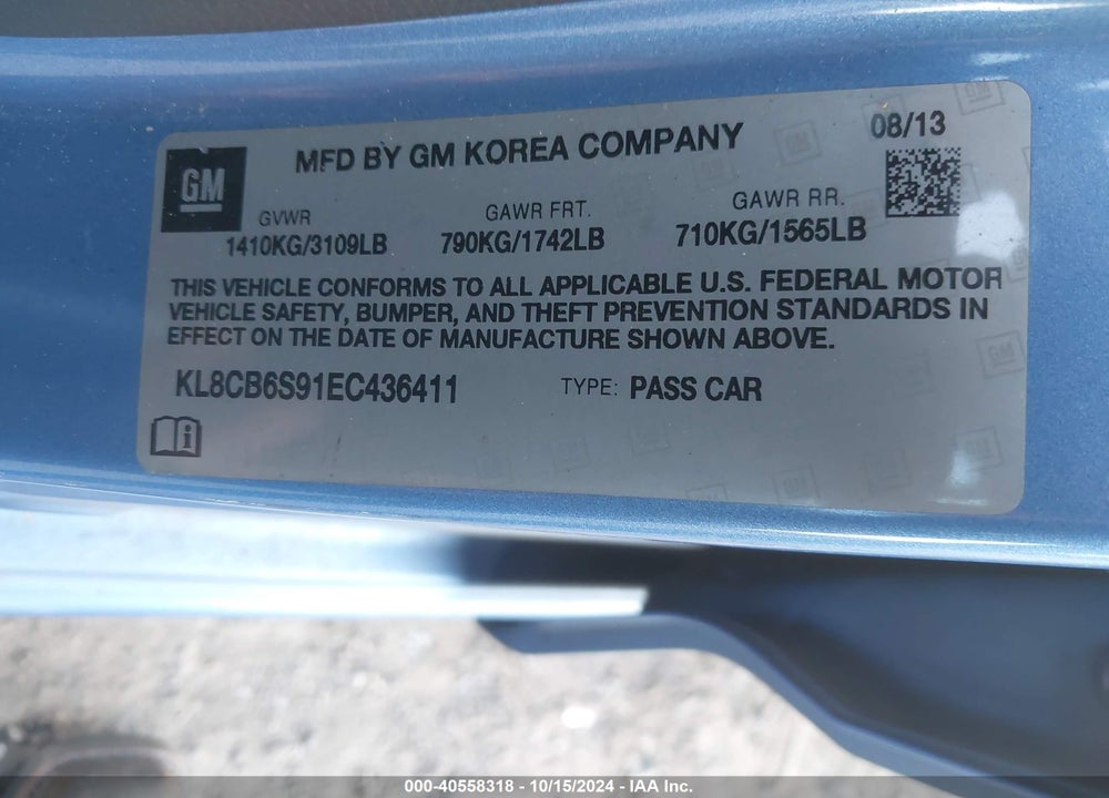 2014 CHEVROLET SPARK LS AUTO VIN: KL8CB6S91EC436411