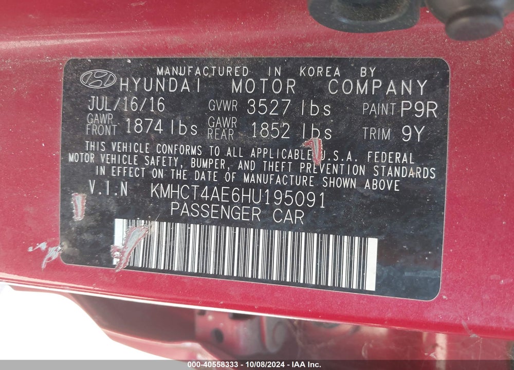 2017 HYUNDAI ACCENT SE VIN: KMHCT4AE6HU195091