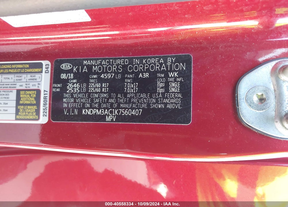 2019 KIA SPORTAGE LX VIN: KNDPM3AC1K7560407