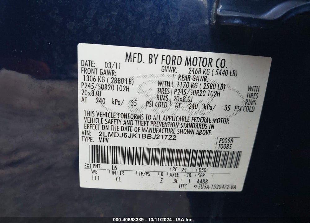 2011 LINCOLN MKX VIN: 2LMDJ6JK1BBJ21722