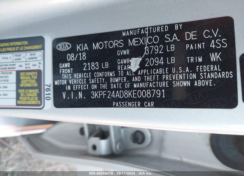 2019 KIA FORTE LXS VIN: 3KPF24AD8KE008791
