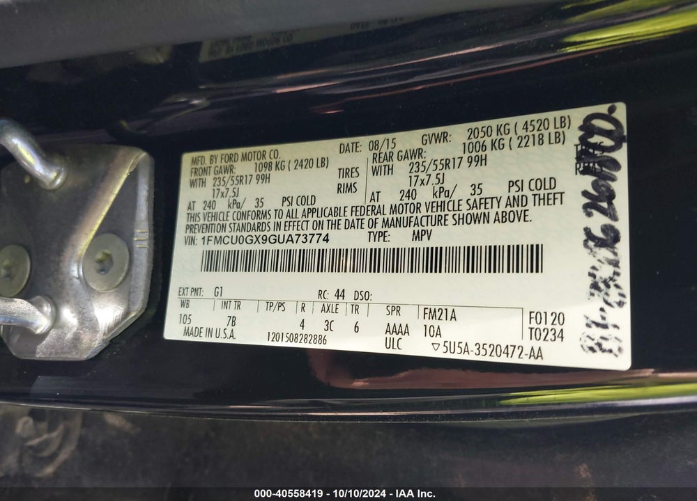 2016 FORD ESCAPE SE VIN: 1FMCU0GX9GUA73774