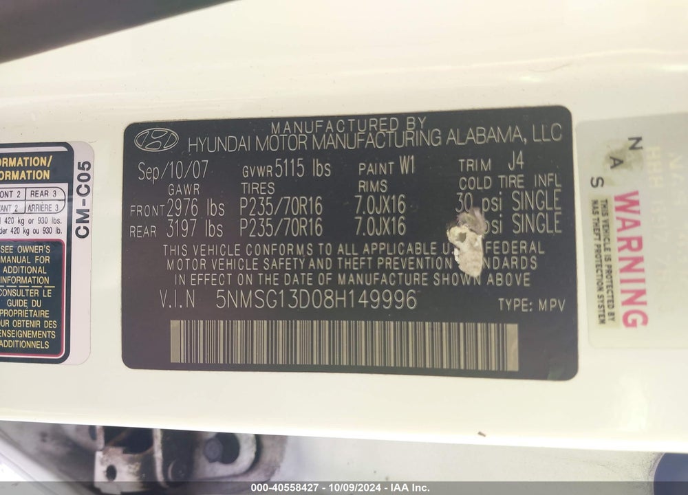 2008 HYUNDAI SANTA FE GLS VIN: 5NMSG13D08H149996