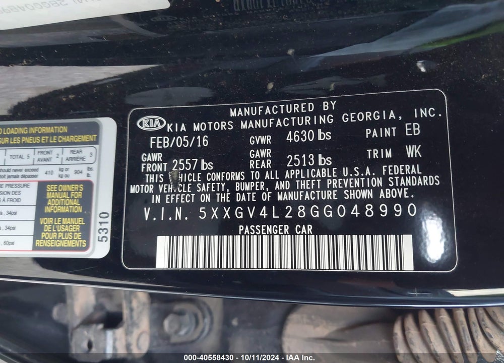 2016 KIA OPTIMA SXL TURBO VIN: 5XXGV4L28GG048990