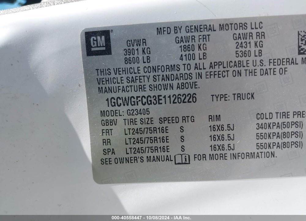 2014 CHEVROLET EXPRESS 2500 WORK VAN VIN: 1GCWGFCG3E1126226