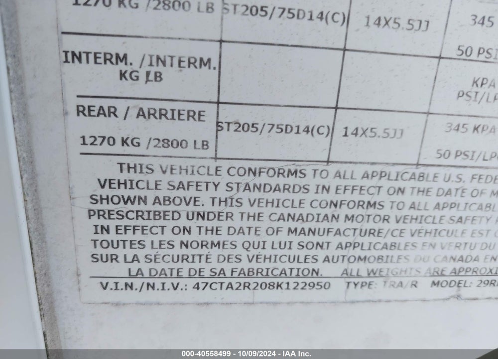 2008 AEROLITE OTHER VIN: 47CTA2R208K122950