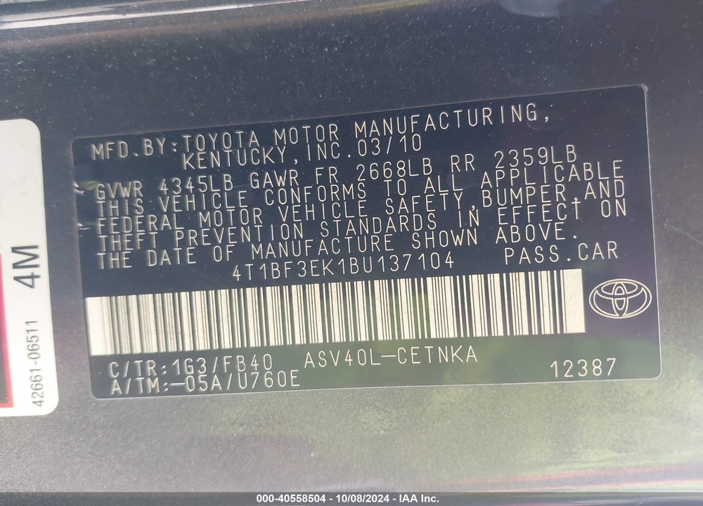 2011 TOYOTA CAMRY LE VIN: 4T1BF3EK1BU137104