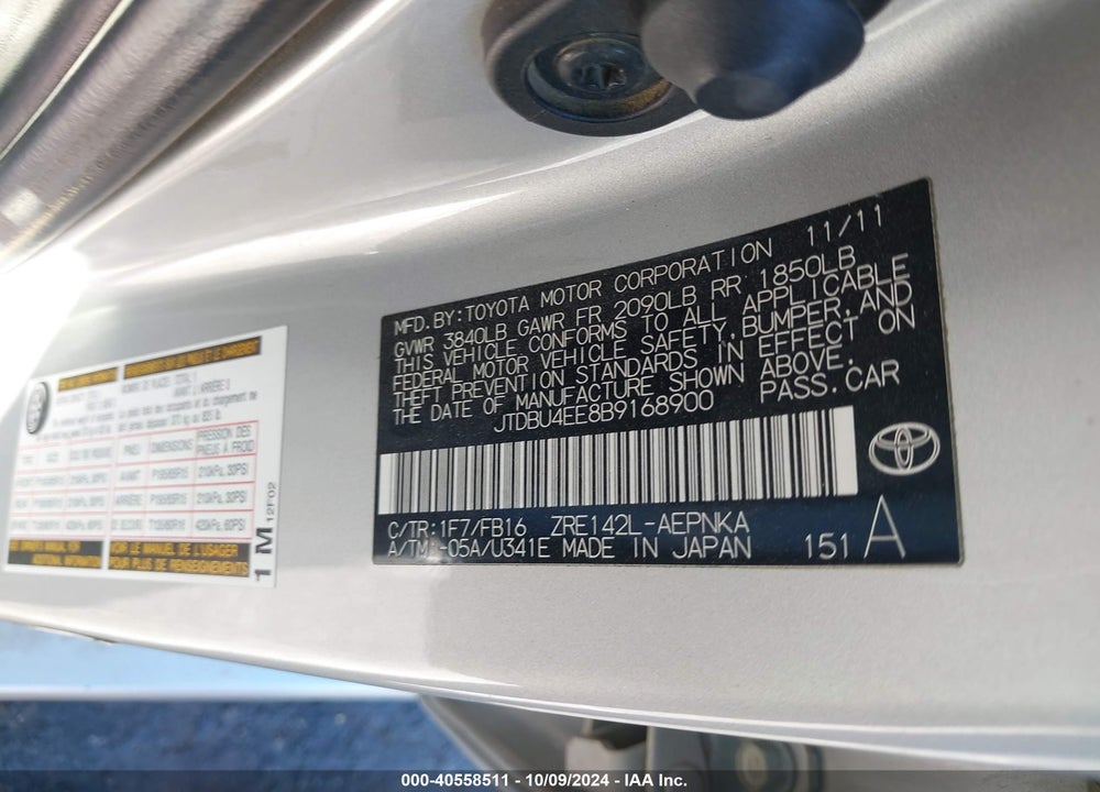 2011 TOYOTA COROLLA LE VIN: JTDBU4EE8B9168900