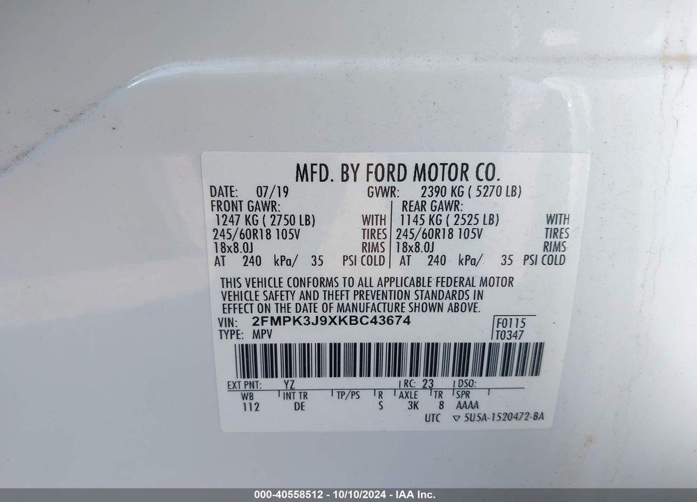 2019 FORD EDGE SEL VIN: 2FMPK3J9XKBC43674