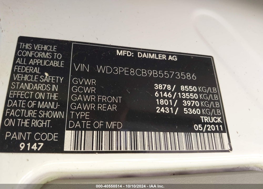 2011 MERCEDES-BENZ SPRINTER 2500 HIGH ROOF VIN: WD3PE8CB9B5573586