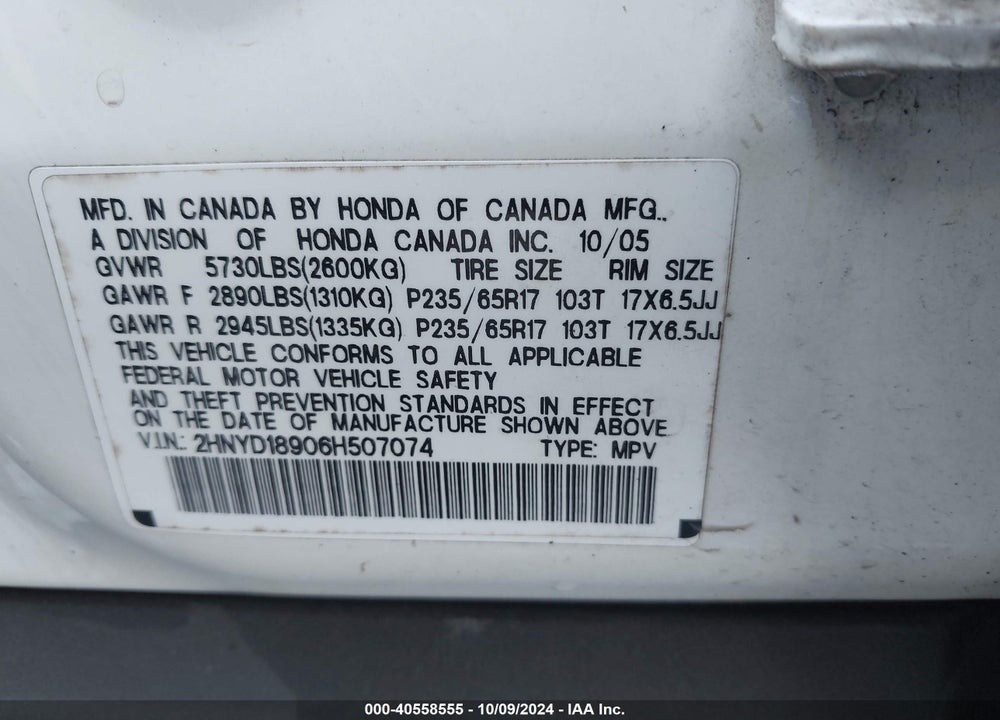 2006 ACURA MDX VIN: 2HNYD18906H507074