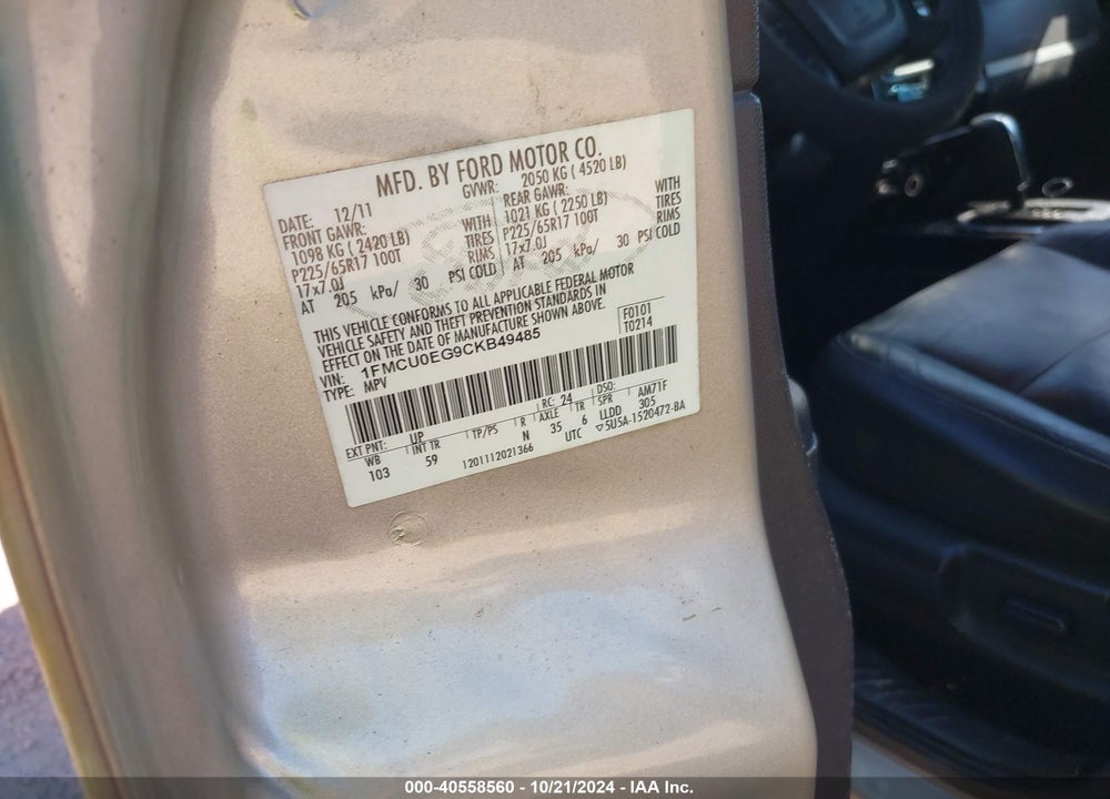2012 FORD ESCAPE LIMITED VIN: 1FMCU0EG9CKB49485