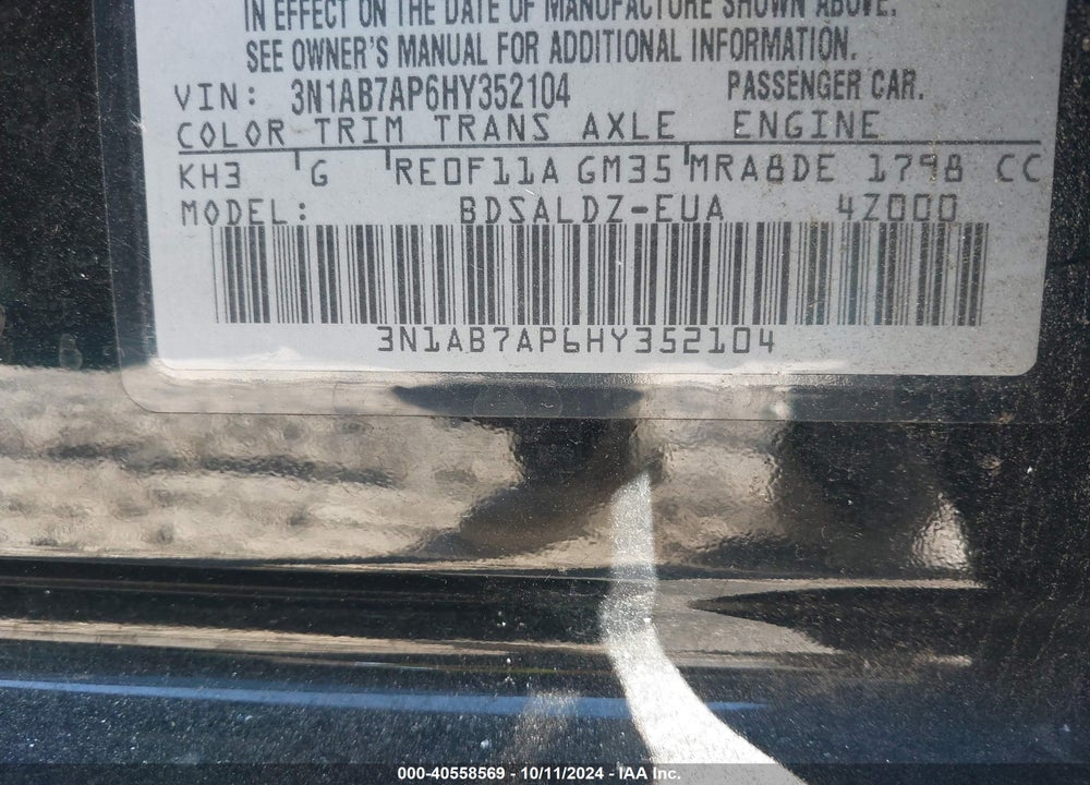 2017 NISSAN SENTRA SV VIN: 3N1AB7AP6HY352104