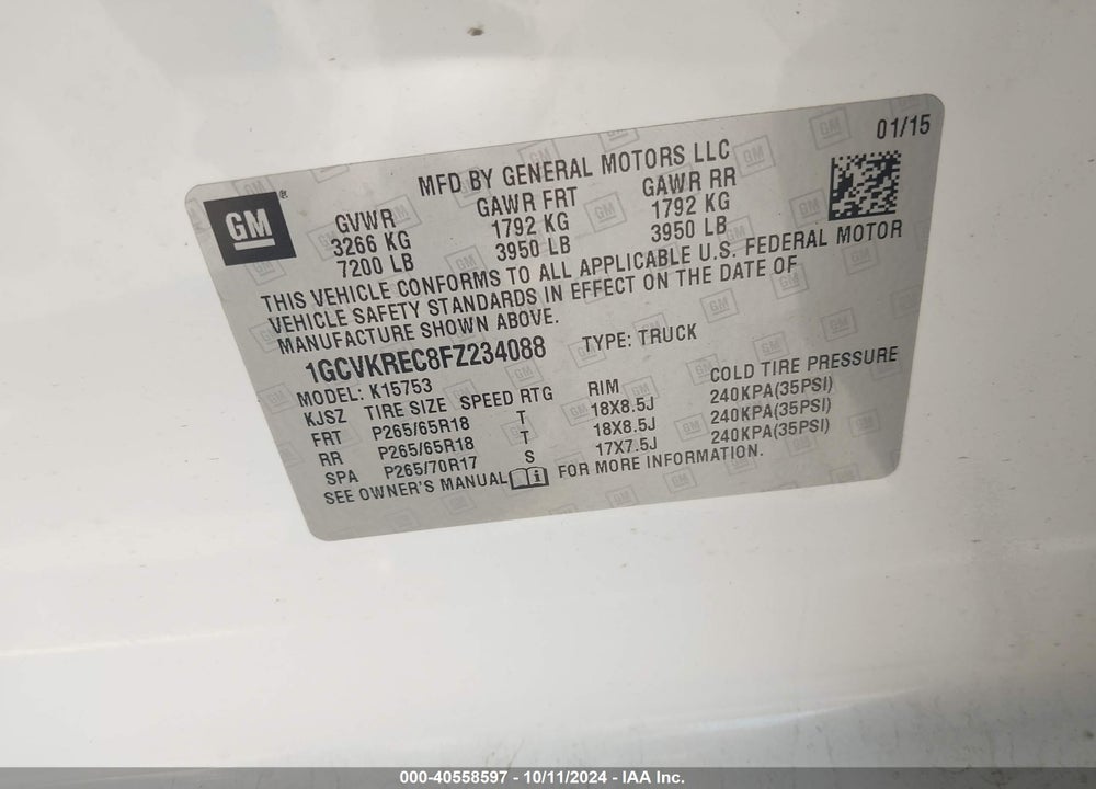 2015 CHEVROLET SILVERADO 1500 2LT VIN: 1GCVKREC8FZ234088
