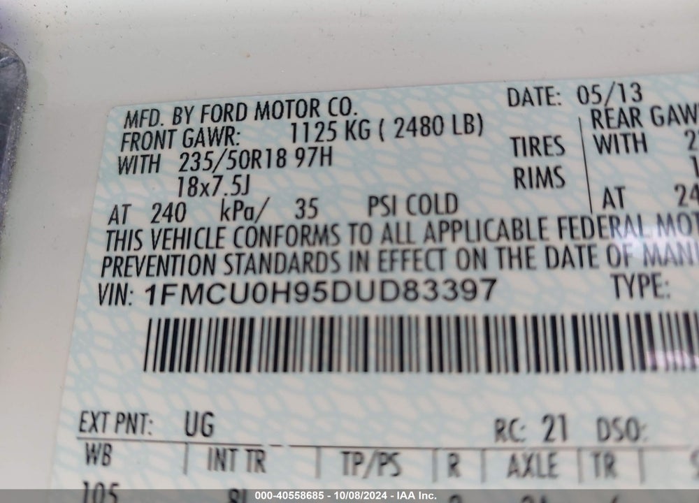 2013 FORD ESCAPE SEL VIN: 1FMCU0H95DUD83397