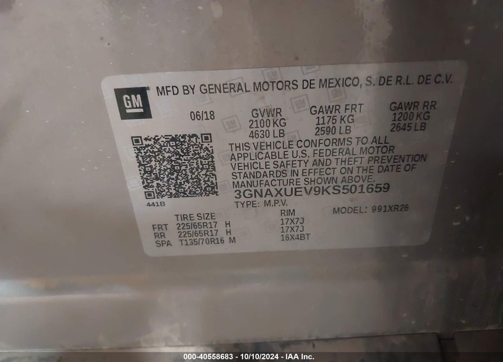 2019 CHEVROLET EQUINOX LT VIN: 3GNAXUEV9KS501659