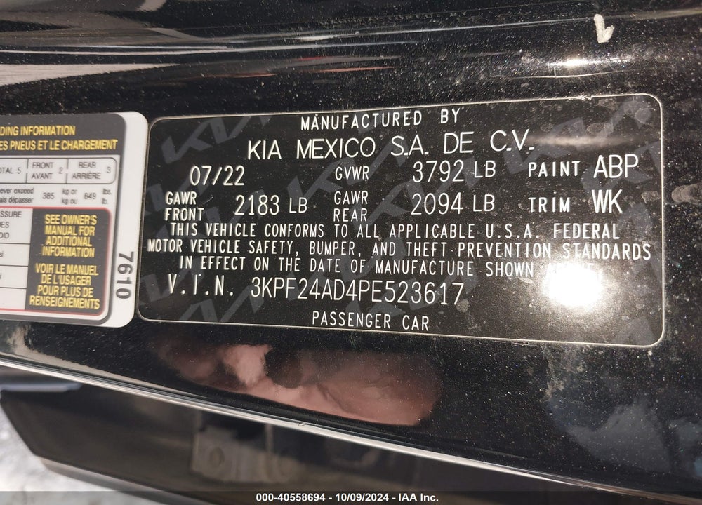2023 KIA FORTE LXS VIN: 3KPF24AD4PE523617