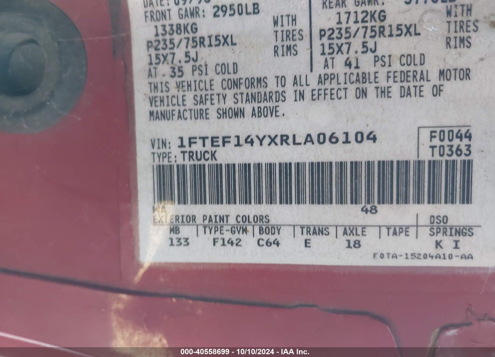 1994 FORD F150 VIN: 1FTEF14YXRLA06104