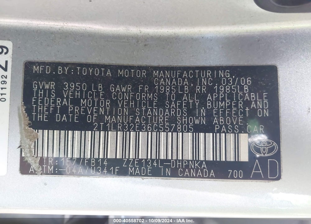 2006 TOYOTA MATRIX/XR VIN: 2T1LR32E36C557805