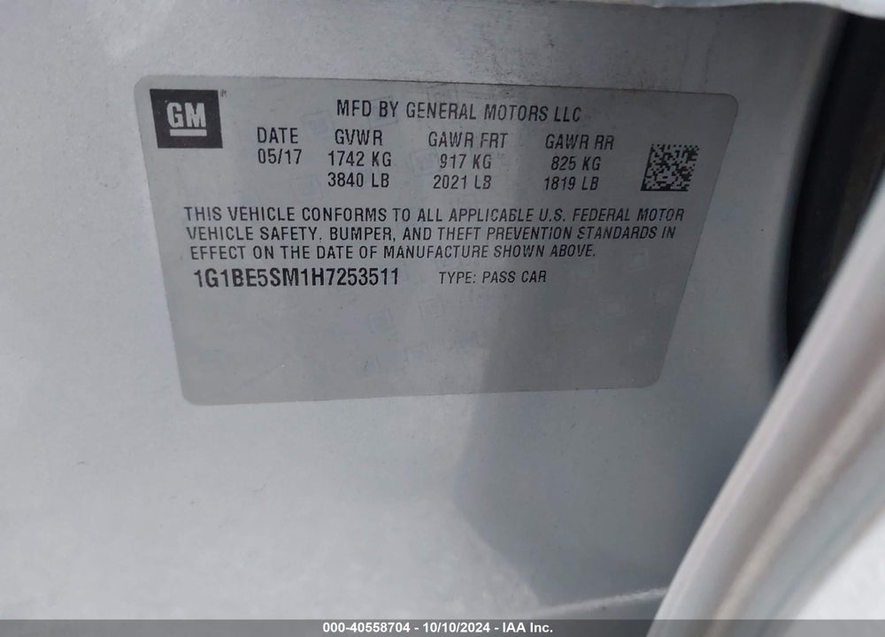 2017 CHEVROLET CRUZE LT AUTO VIN: 1G1BE5SM1H7253511
