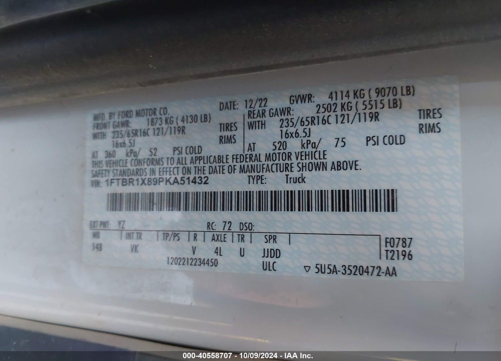 2023 FORD TRANSIT-250 CARGO VAN VIN: 1FTBR1X89PKA51432