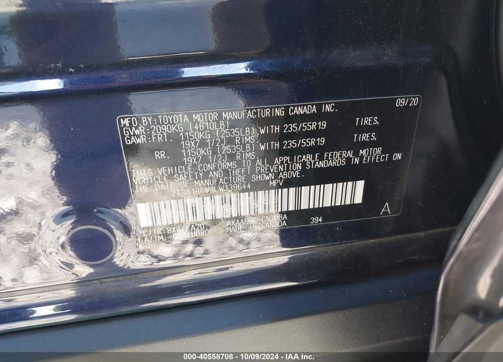 2020 TOYOTA RAV4 XLE PREMIUM VIN: 2T3A1RFV1LW139644