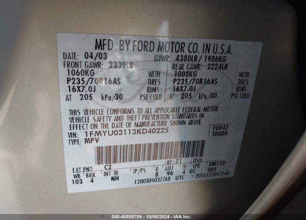 2003 FORD ESCAPE XLT VIN: 1FMYU03113KD40225