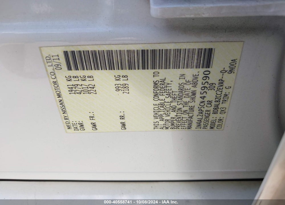 2012 NISSAN ALTIMA 2.5 S VIN: 1N4AL2AP5CN459590
