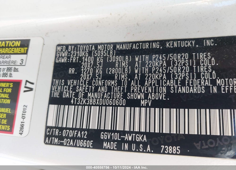 2013 TOYOTA VENZA LE V6 VIN: 4T3ZK3BBXDU060600