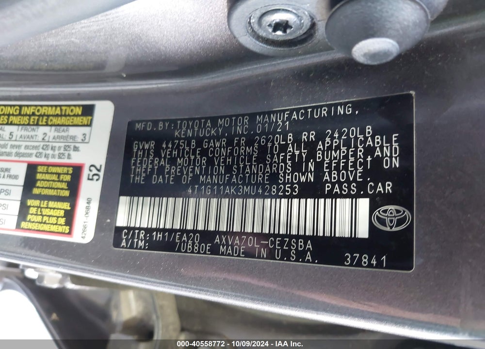 2021 TOYOTA CAMRY SE VIN: 4T1G11AK3MU428253