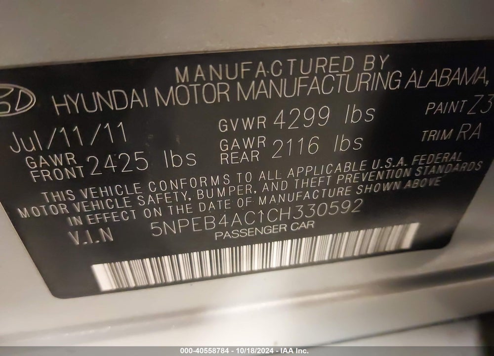2012 HYUNDAI SONATA GLS VIN: 5NPEB4AC1CH330592