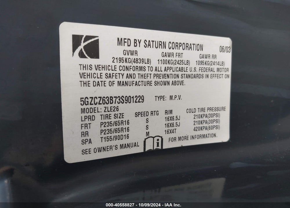 2003 SATURN VUE V6 VIN: 5GZCZ63B73S901229