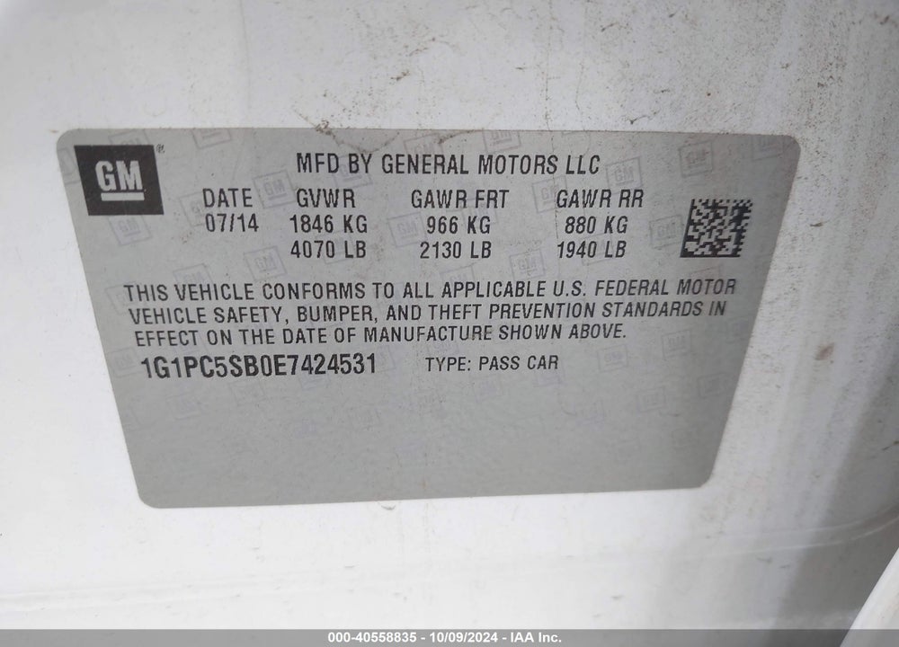 2014 CHEVROLET CRUZE 1LT AUTO VIN: 1G1PC5SB0E7424531