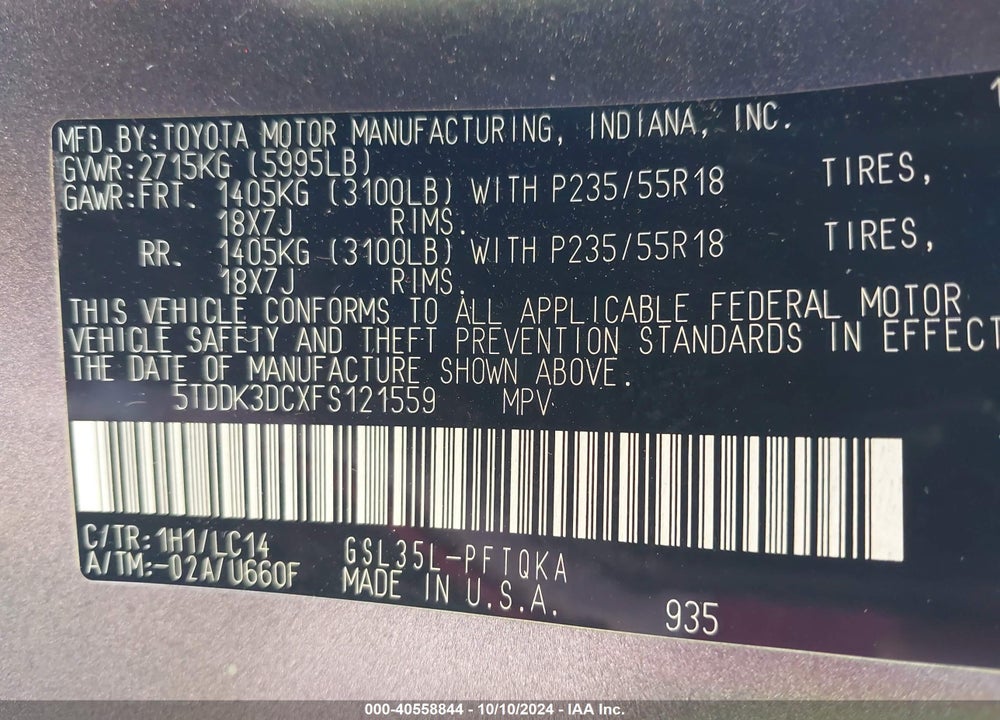 2015 TOYOTA SIENNA XLE 7 PASSENGER VIN: 5TDDK3DCXFS121559