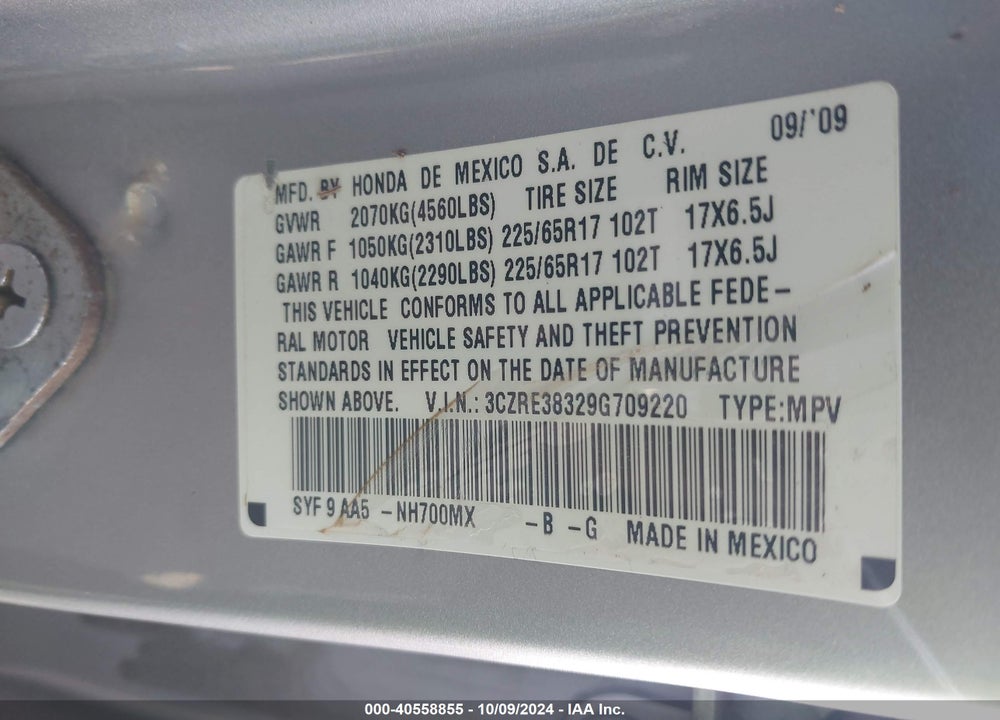 2009 HONDA CR-V LX VIN: 3CZRE38329G709220