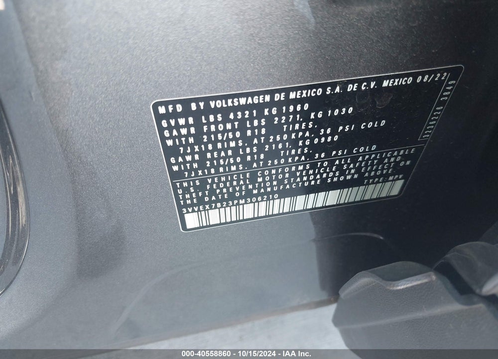 2023 VOLKSWAGEN TAOS 1.5T SE VIN: 3VVEX7B23PM306210