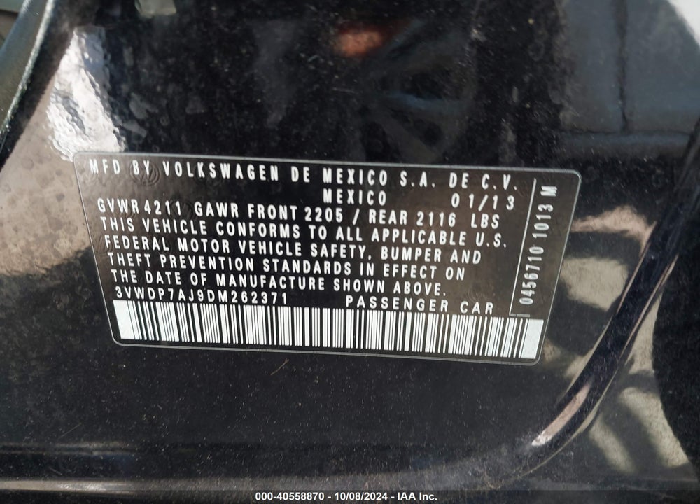 2013 VOLKSWAGEN JETTA 2.5L SE VIN: 3VWDP7AJ9DM262371