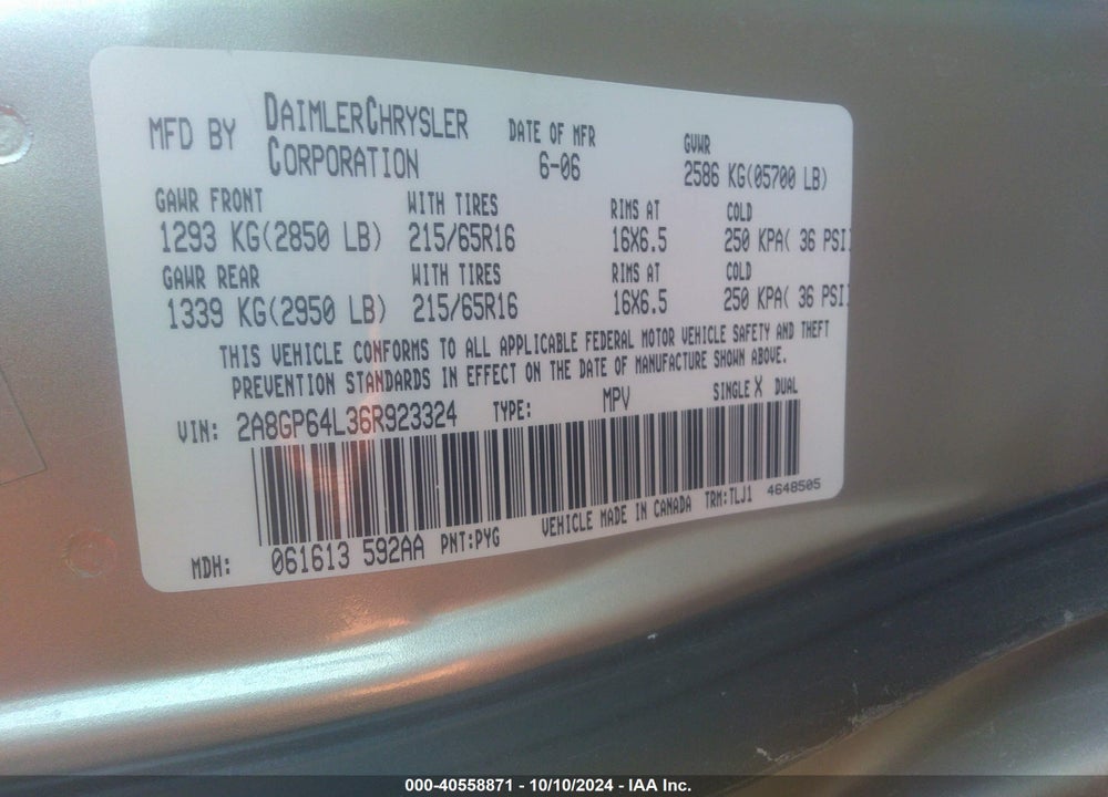 2006 CHRYSLER TOWN & COUNTRY LIMITED VIN: 2A8GP64L36R923324