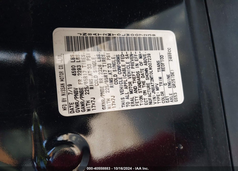 2020 NISSAN ROGUE S FWD VIN: JN8AT2MT0LW007239