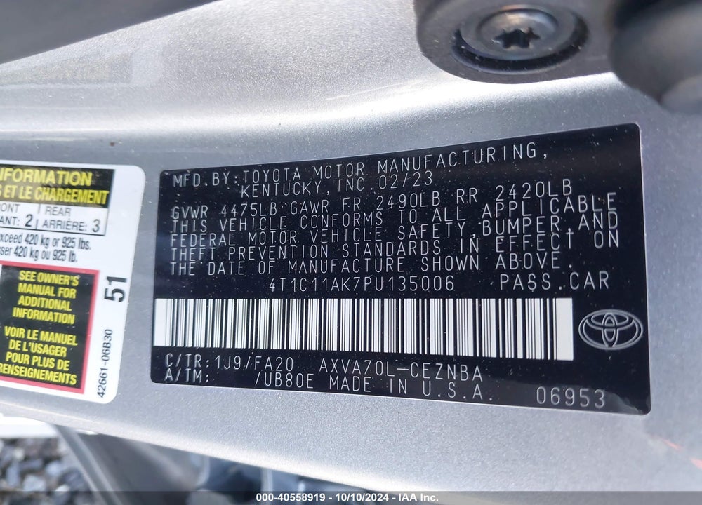 2023 TOYOTA CAMRY LE VIN: 4T1C11AK7PU135006