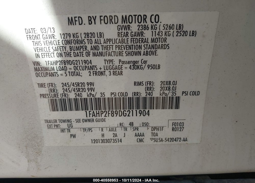 2013 FORD TAURUS LIMITED VIN: 1FAHP2F89DG211904