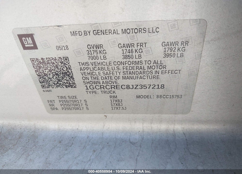 2018 CHEVROLET SILVERADO 1500 1LT VIN: 1GCRCREC8JZ357218